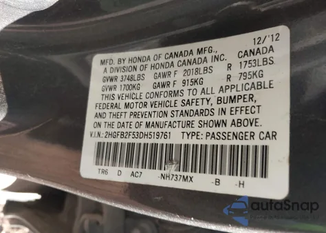 2013 Honda Civic Lx from USA, damaged, VIN 2HGFB2F53DH519761